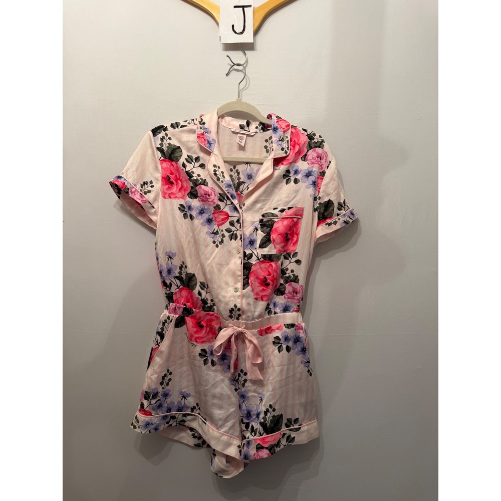 Victoria's Secret Romper Floral Satin Striped Pajamas Pink Small